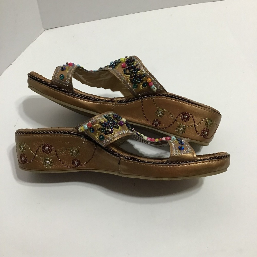 John Fashion Bronze Beaded Wedge Sandal Boho T-Strap Flip Flop Multi Color Beads - Picture 6 of 9